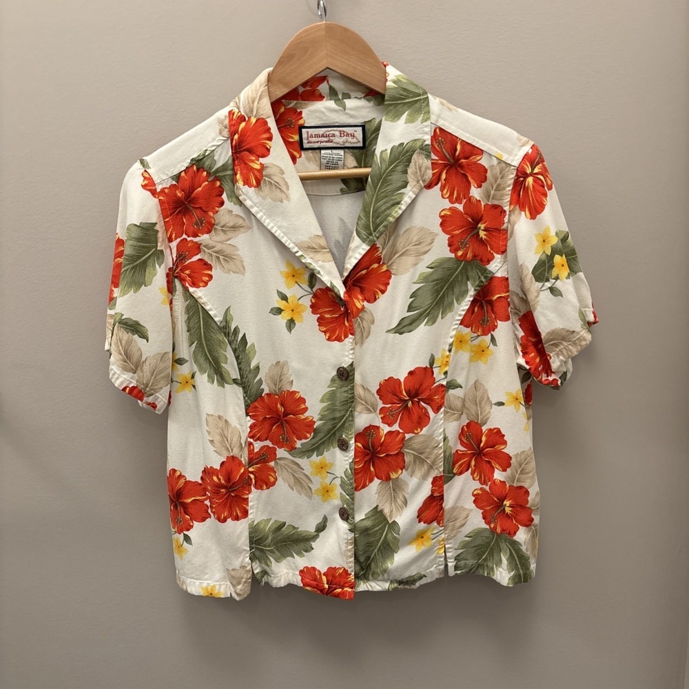 Tropical Aloha Jamaica Bay Womens L Hibiscus Floral Rayon Button Up Shirt
